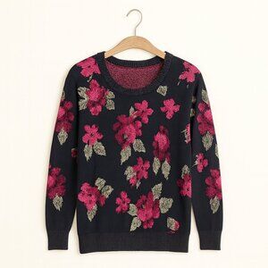 VOLCOM | Black & Pink Scoop Neck Floral Sweater – Women’s Small
